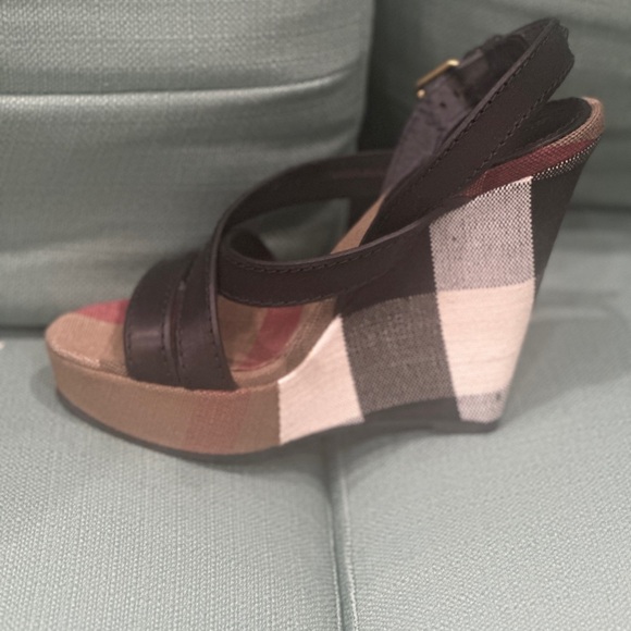 Burberry Black and Plaid Wedge Sandals - Picture 15 of 16
